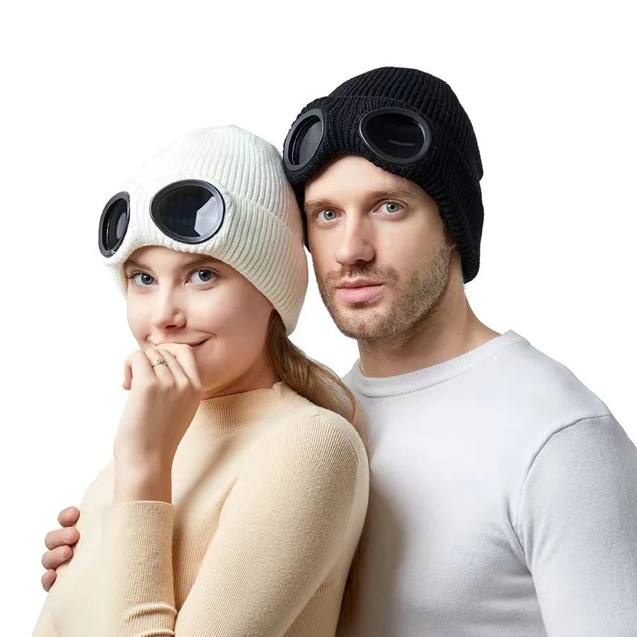 New knitted goggles hat Windproof warm woolen hats for men and women in autumn and winter