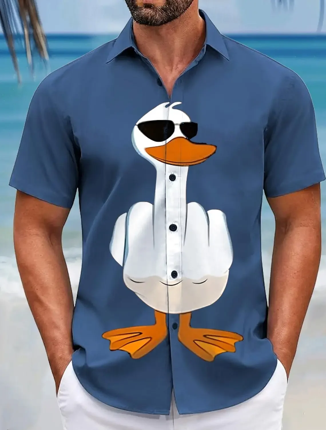 

Chemise hawaienne homme bestseller ins tissu fluide leger col revers impression canard cool lunette coupe ample tenue plage