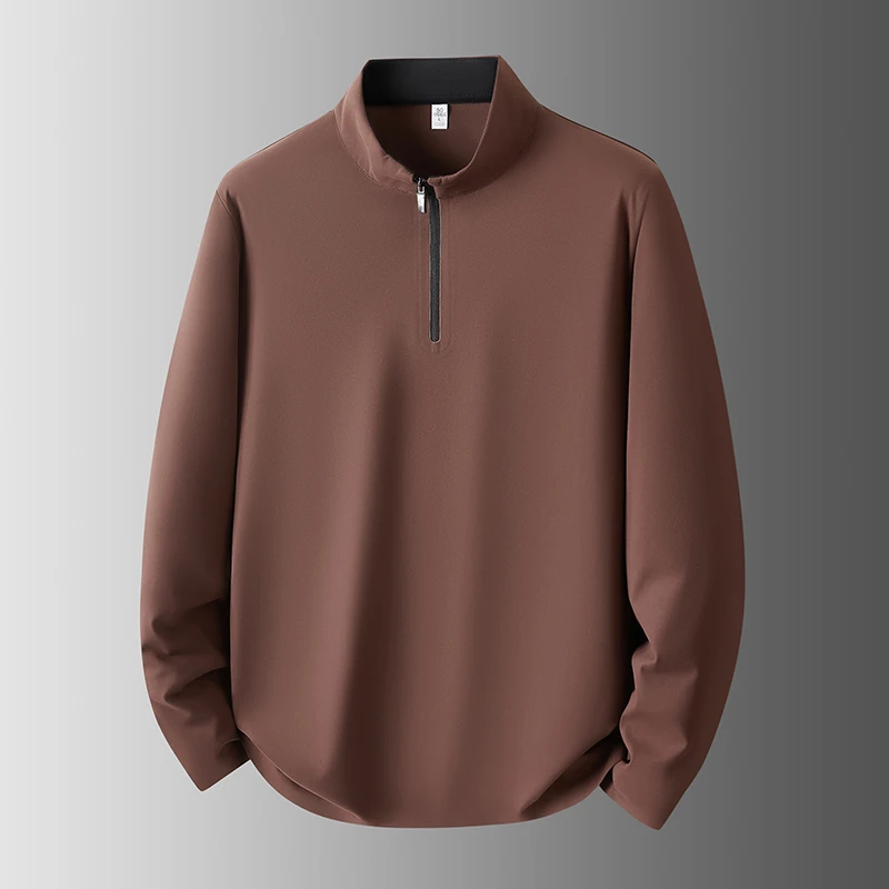 Lightweight Spring and Autumn Quick-Dry Stand Collar Half-Zip T-Shirt for Men, Slim Fit, High-End Seamless 7A Antibacterial Casual Long Sleeve Top