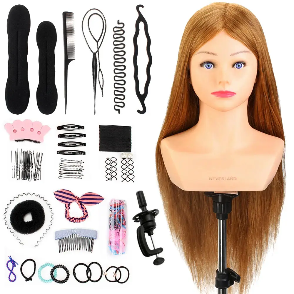 Mannequin Head 24'' 80% Real Hair with Shoulder Hairstyles Dummy Doll Hairdresser Practice Hair Braiding Training Head Kit Curl