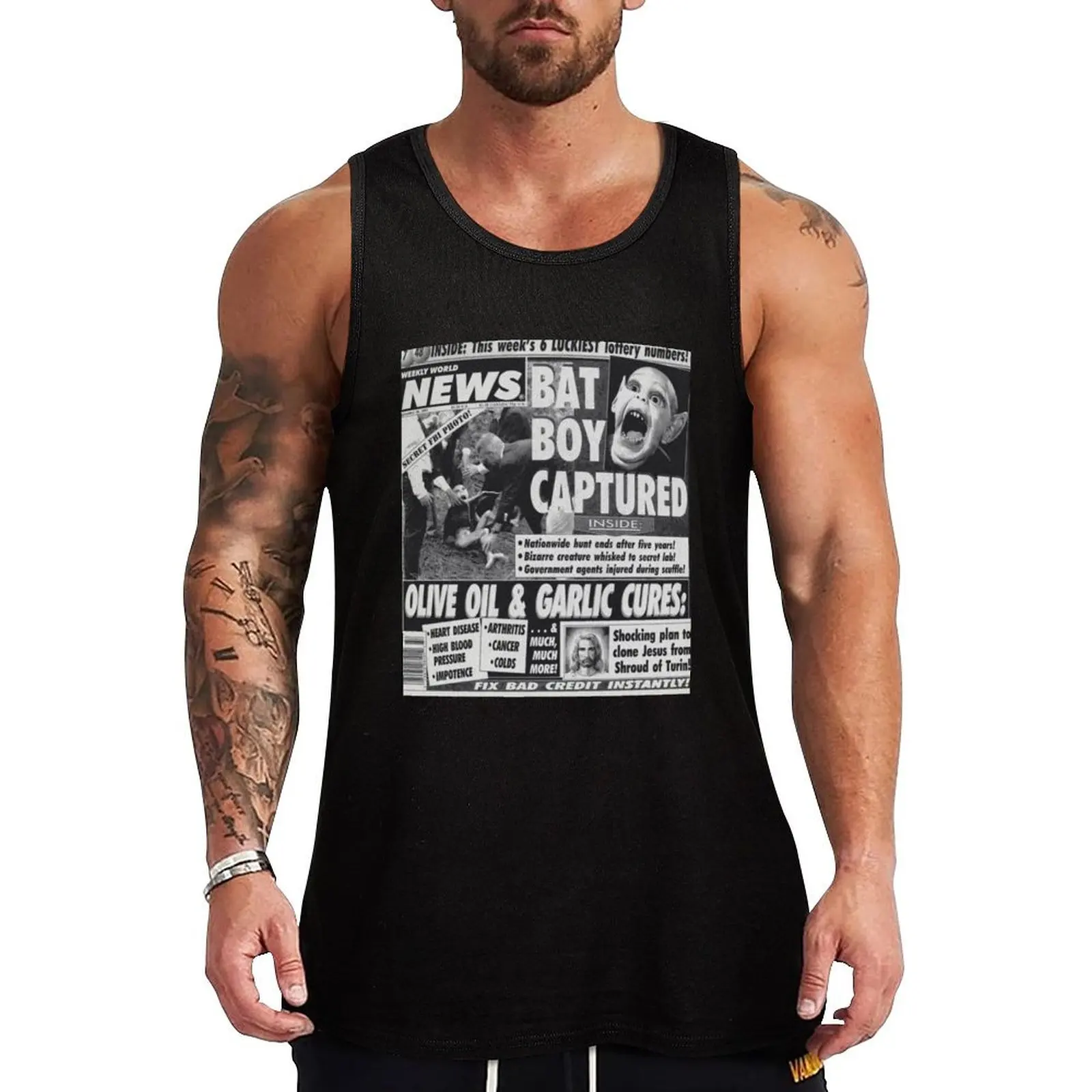 Bat boy captured bizarre odd strange enquire magazine article weekly news clone jesus Tank Top Men's singlets men clothes