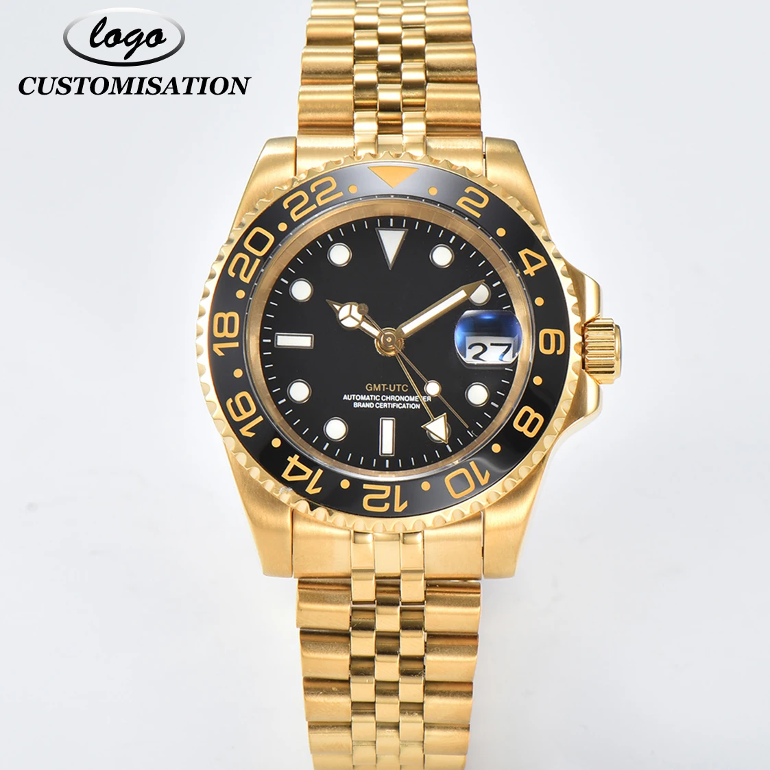 Custom Logo Men Mechanical Automatic Black Dial GMT Watches NH34 Movement Sapphire Glass Stainless Steel