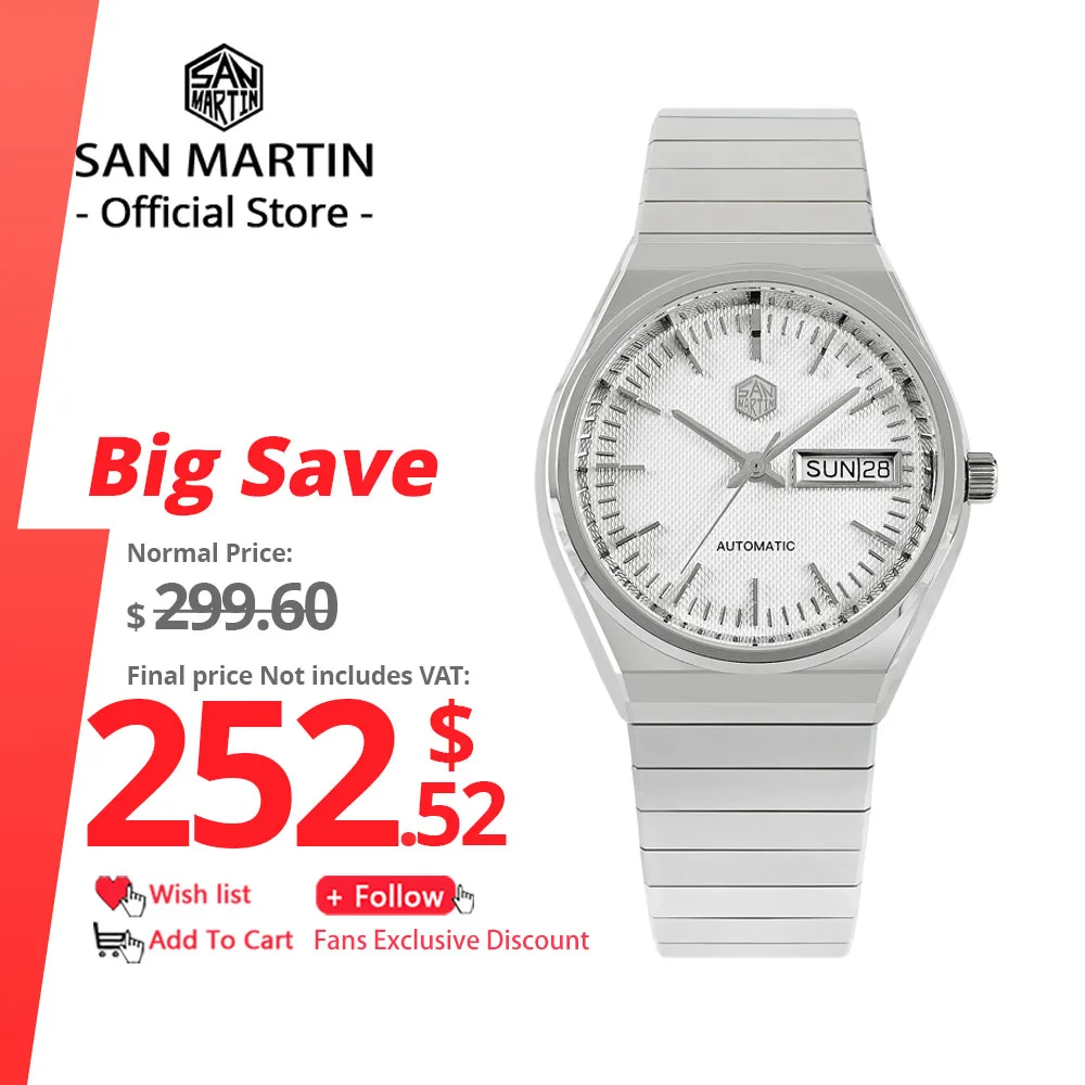 

San Martin Men Dress Watch 37mm Luxury Fashion ST2100 Automatic Mechanical Sports Business Sapphire Grid Dial Date & Day Window
