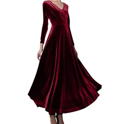 Women Elegant Dress Noble Lady Gown Long Sleeve V Neck Gold Velvet Dress High Waist Temperament Large Swing Long Dresses Autumn