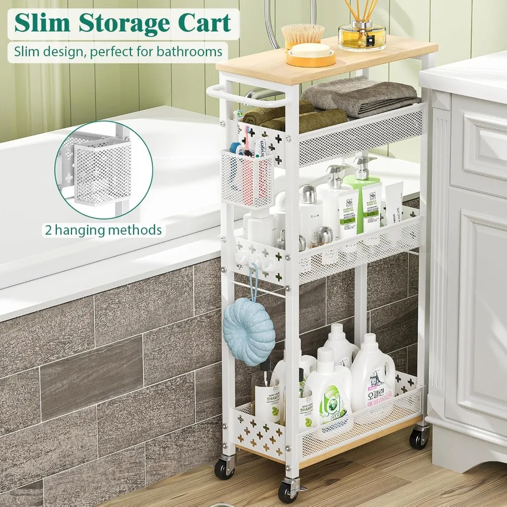 

Slim 4-Tier Rolling Cart with Wheels, Narrow Metal Storage Organizer for Kitchen Bathroom Laundry Small Spaces