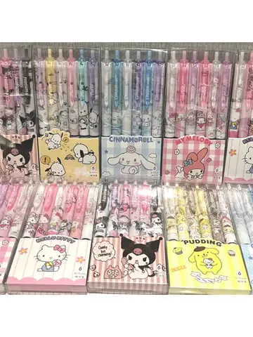 Sanrio Hello Kitty 6pcs Series Gel Pen 0.55mm Refill Y2k Cinnamoroll Kuromi MelodyCartoon Press Pen Black Stationery Supplies