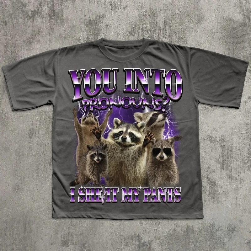 You Into Pronouns I she it my pants T-shirt, Funny Raccoon Shirt, Unhinged Clothes, Weird T-shirt, Silly Shirts, Meme Tee