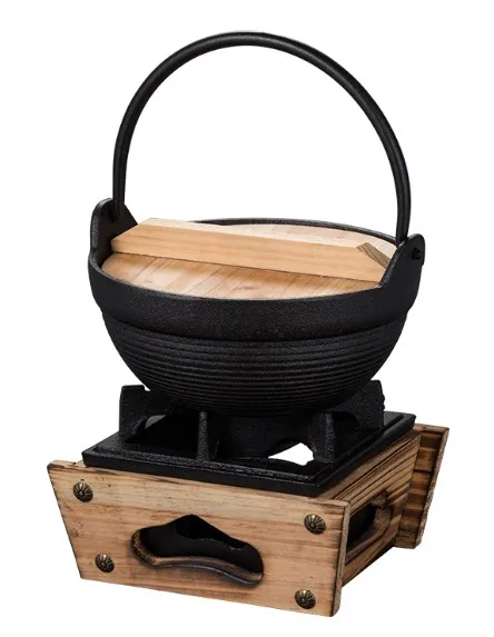 Mini cast iron bbq grill wooden frame fire boiler tea boiling water boiler home hotel outdoor picnic portable stove 024D.