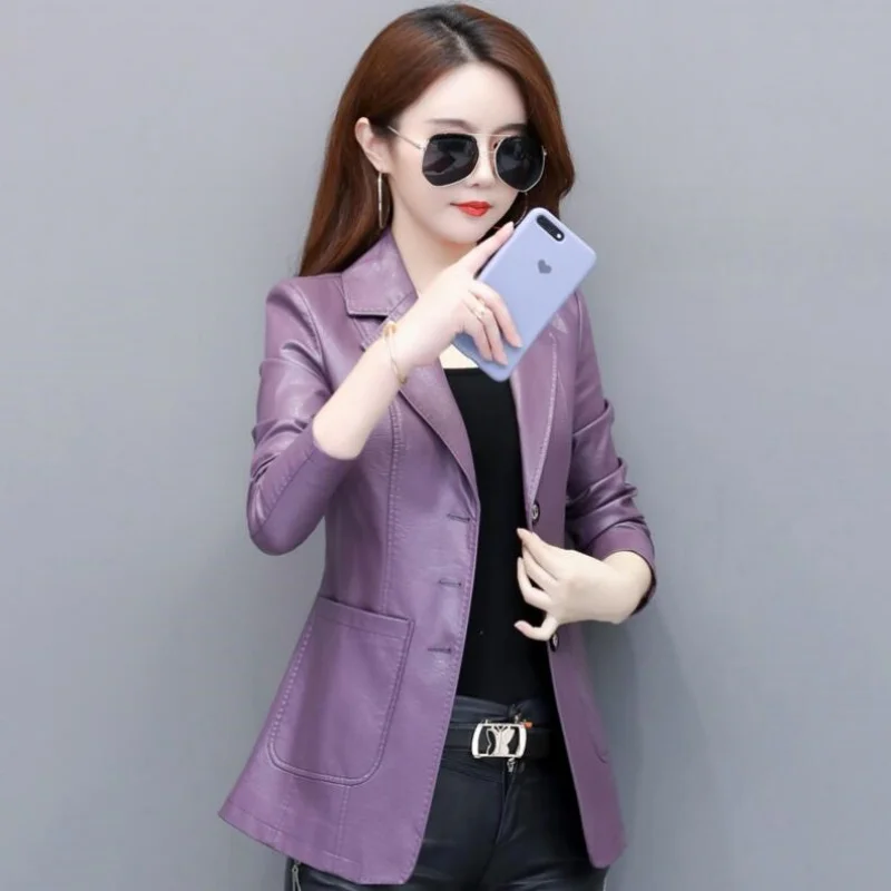 New Women Leather Blazer Spring Autumn Fashion Classic Suit Collar Slim Waist Small Sheepskin Jacket Split Leather Short Coat