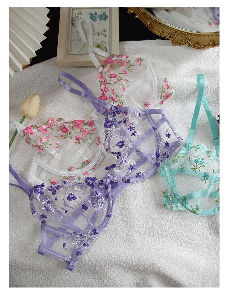 

Super beautiful floral embroidery lingerie sweet sexy mesh bra set fresh flowers girl pure desire underwear female