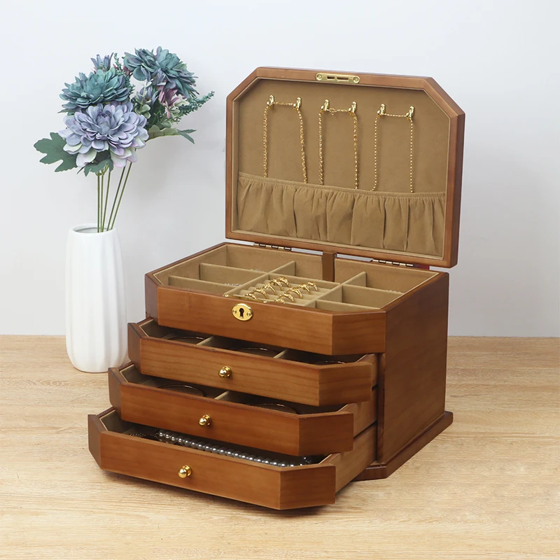 

Four Layer Luxury Large Lockable Wooden Polygonal Jewelry Box Display Earrings Necklace Gift Box Storage Box Packaging Box New