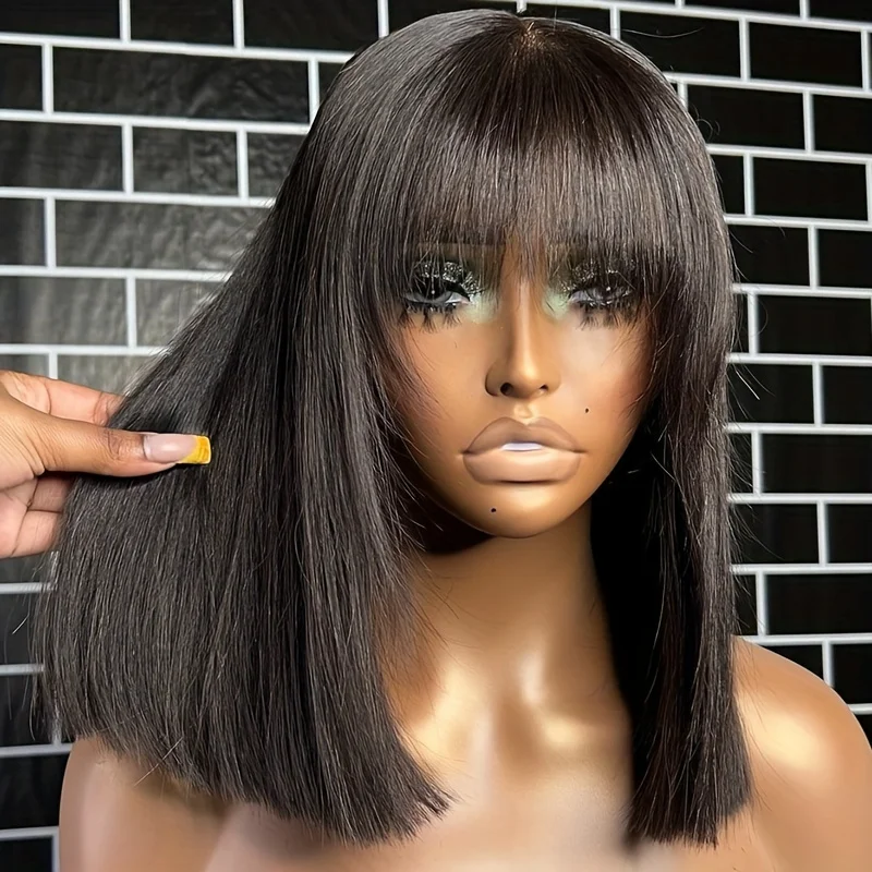 Wiggogo 3X1 Middle Part Lace Wig Bob Wigs Full Machine Made Bone Straight Human Hair Wigs With Bangs Short Bob Human Hair Wigs