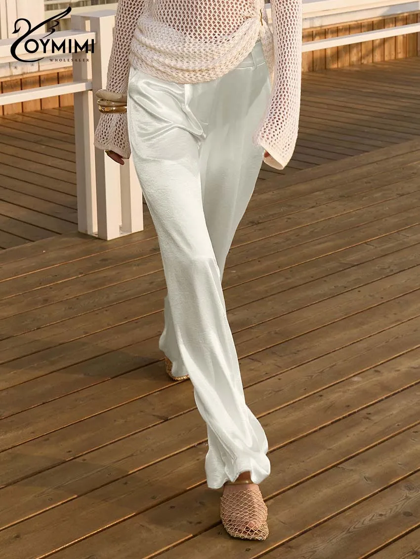 Oymimi Women's High Waist Wide Leg Pants 2026 Spring Cream White Textured Satin Trousers Loose Casual Elegant Office Party Pants