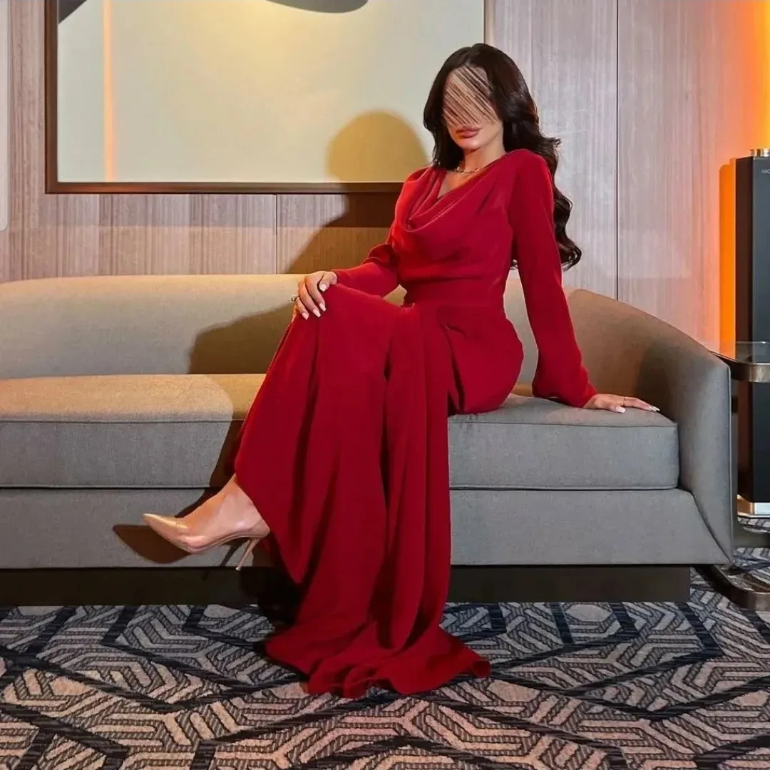 

Customized Red Long Sleeve Prom Dresses 2025 Pleated Elegant Women Party Dress Formal Gowns For Women Ankle Length Evening Dress