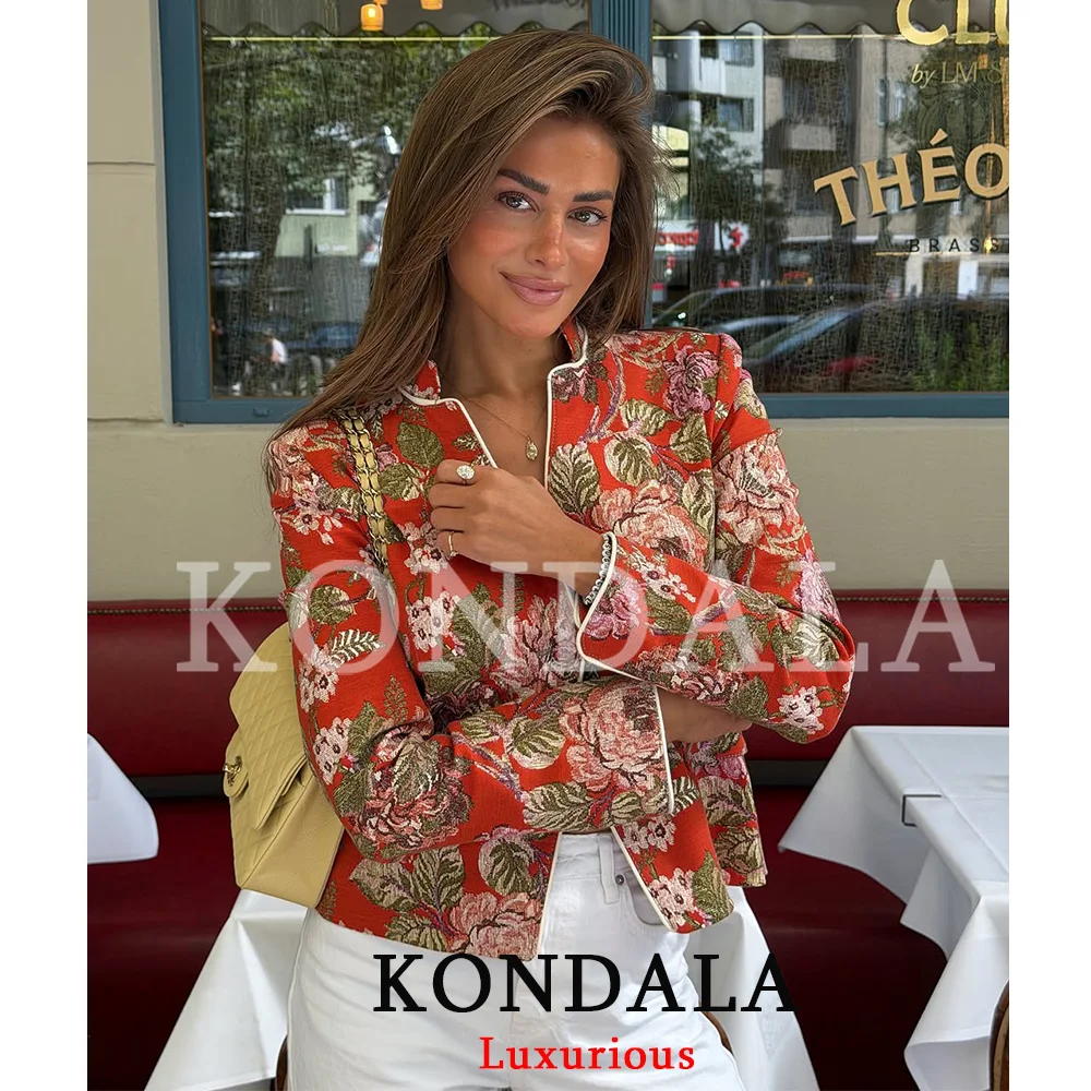 KONDALA Vintage Casual Chic Damenjacke mit Blumenmuster, Stehkragen, Einreihige Jacke, Mode 2026 Herbst-Winter-Jacken – Detail 3