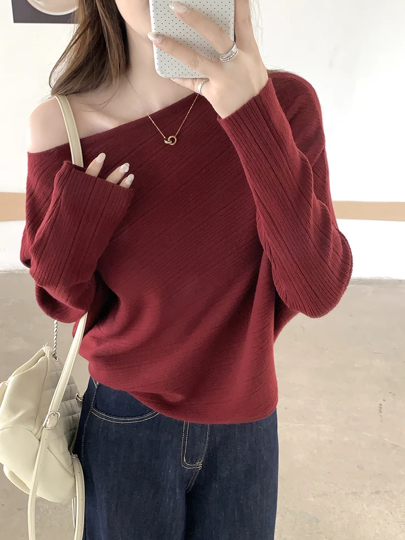 

Вязаный свитер женский однотонный с наклонными плечами и рукавами-фонариками нерегулярной формы, свободный крой, повседневный осенний модный шикарный топ с длинными рукавами