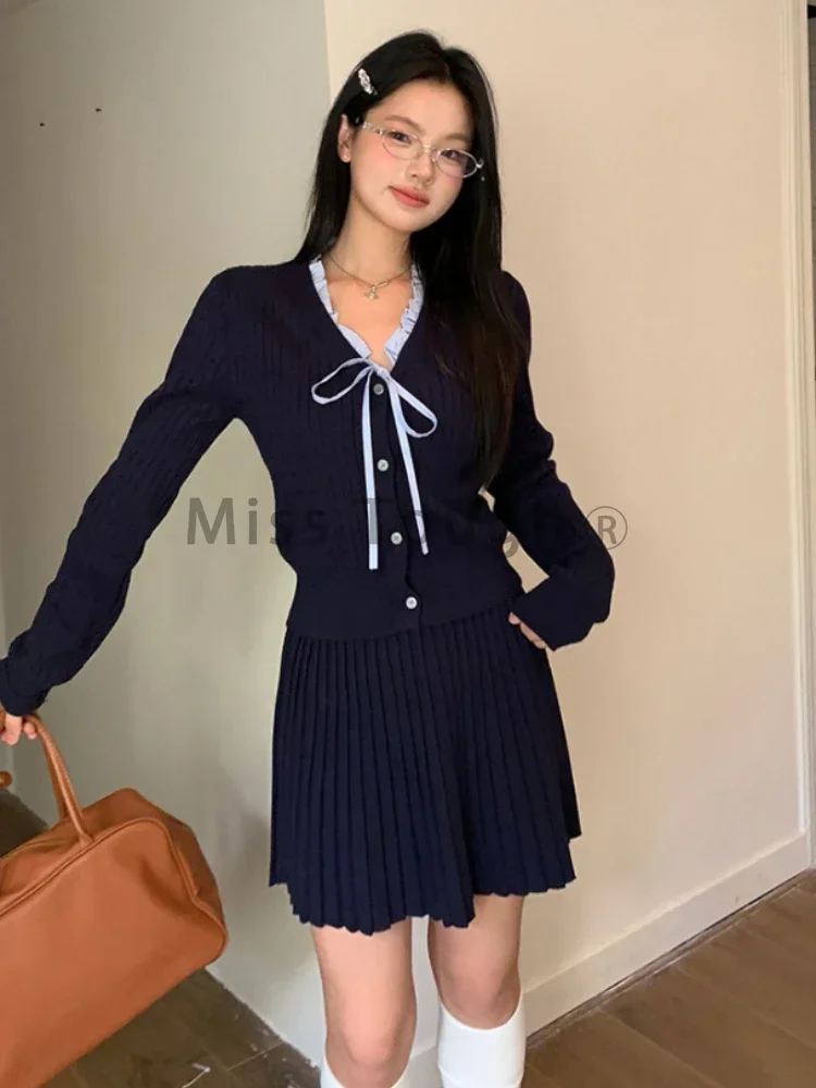 Vintage High Street V-neck 2-piece Set Women Korean Fashion Long Sleeve Knit Bow Pullover Female + Thin Solid Short Skirt Suit