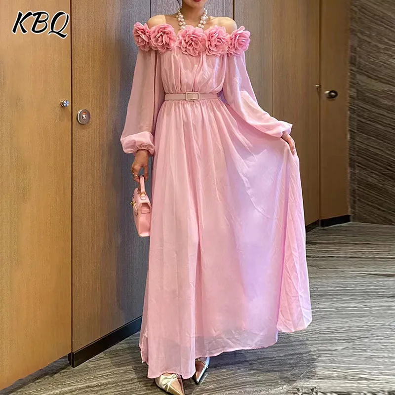 

KBQ Patchwork Appliques Elegant Dress For Women Slash Neck Lantern Sleeve High Waist Spliced Belt Dresses Female Fashion Clothes