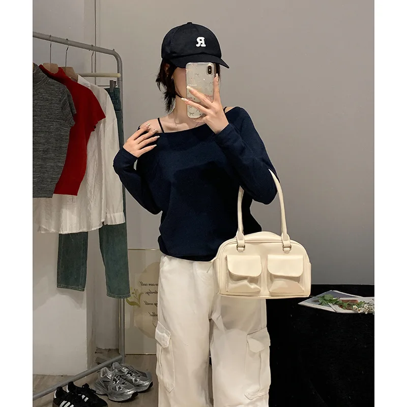 Sexy Off-oulder Crop Top Women's T-irt Casual Loose Fit Hand-Ironed Pleating Blue Color Ladies' Casual Cotton Tee