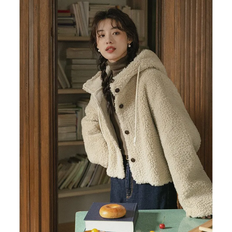 سترة قصيرة من صوف الضأن بغطاء للرأس دافئة كاجوال كورية شتوية من johnature معاطف نسائية بسيطة متعددة الاستخدامات #2