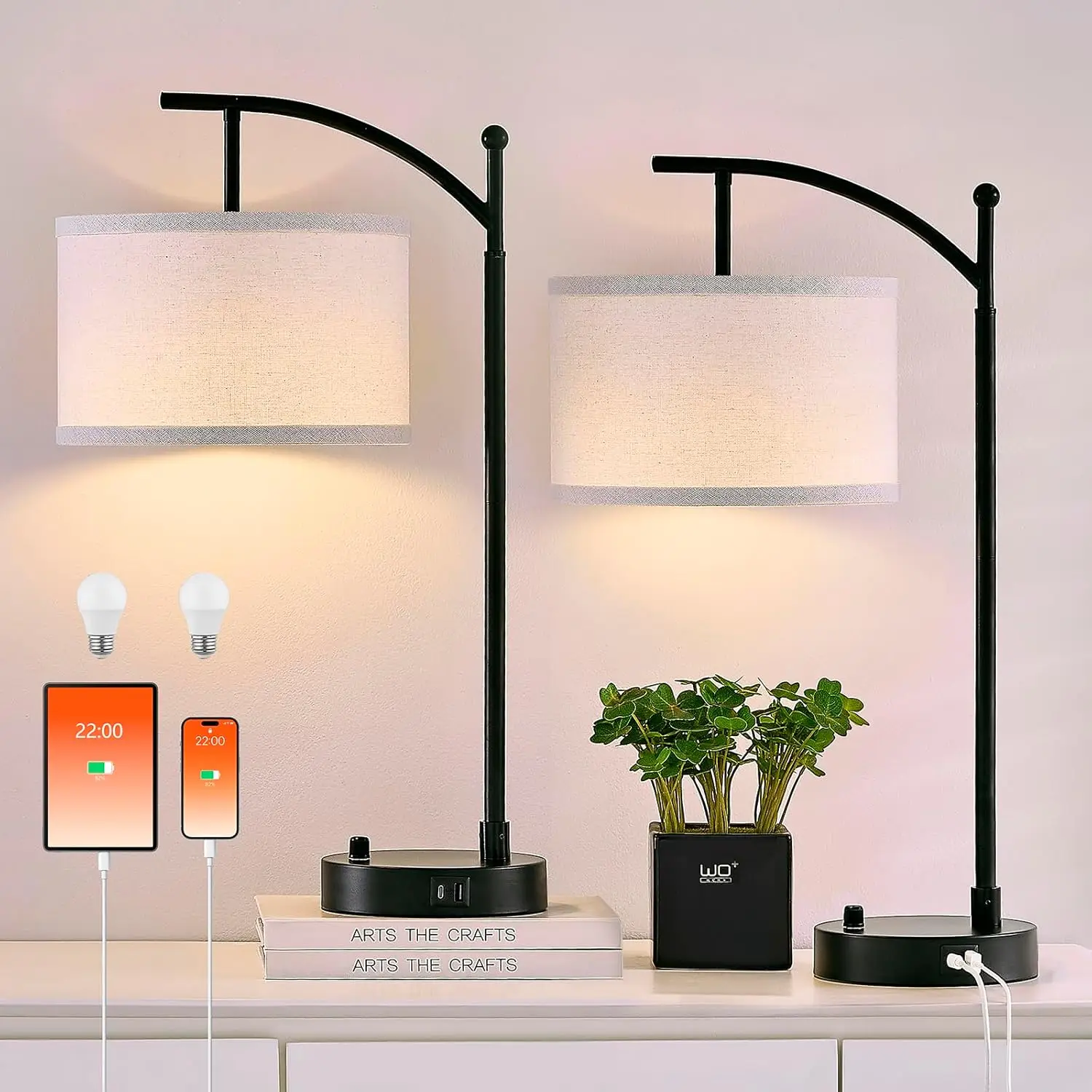 23.5" Table Lamps Set of 2 with USB C+A Ports, Dimmable LED Bulbs Included, Black