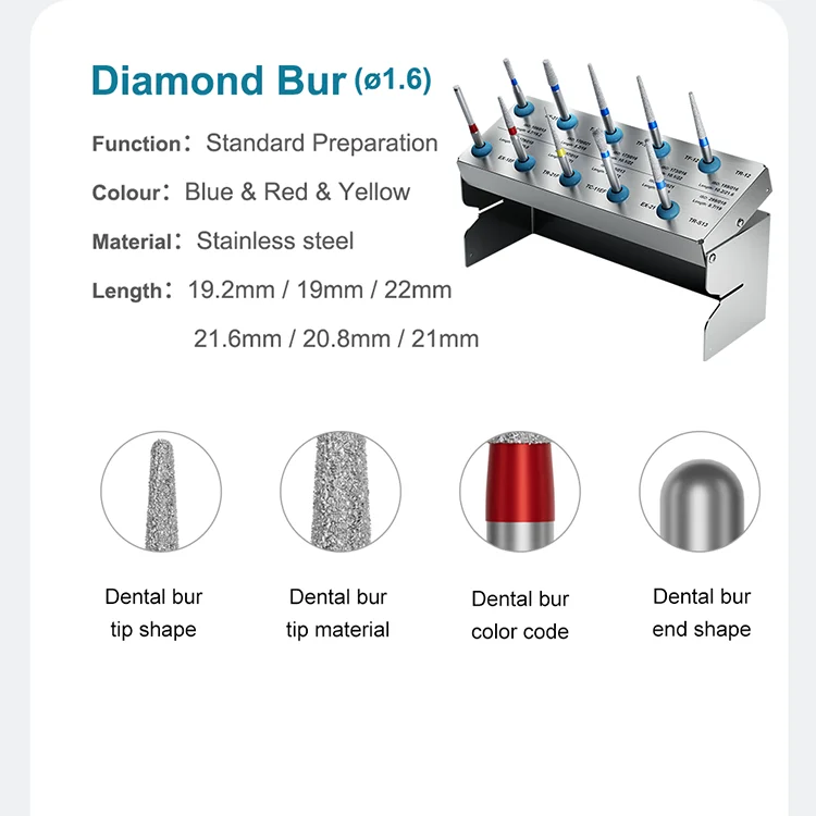 MFCP System Dental Diamond Preparation Bur Kit Full Crown Restoration FG 1.6mm Burs 6 Lengths for High Speed Handpiece 10pcs/Set