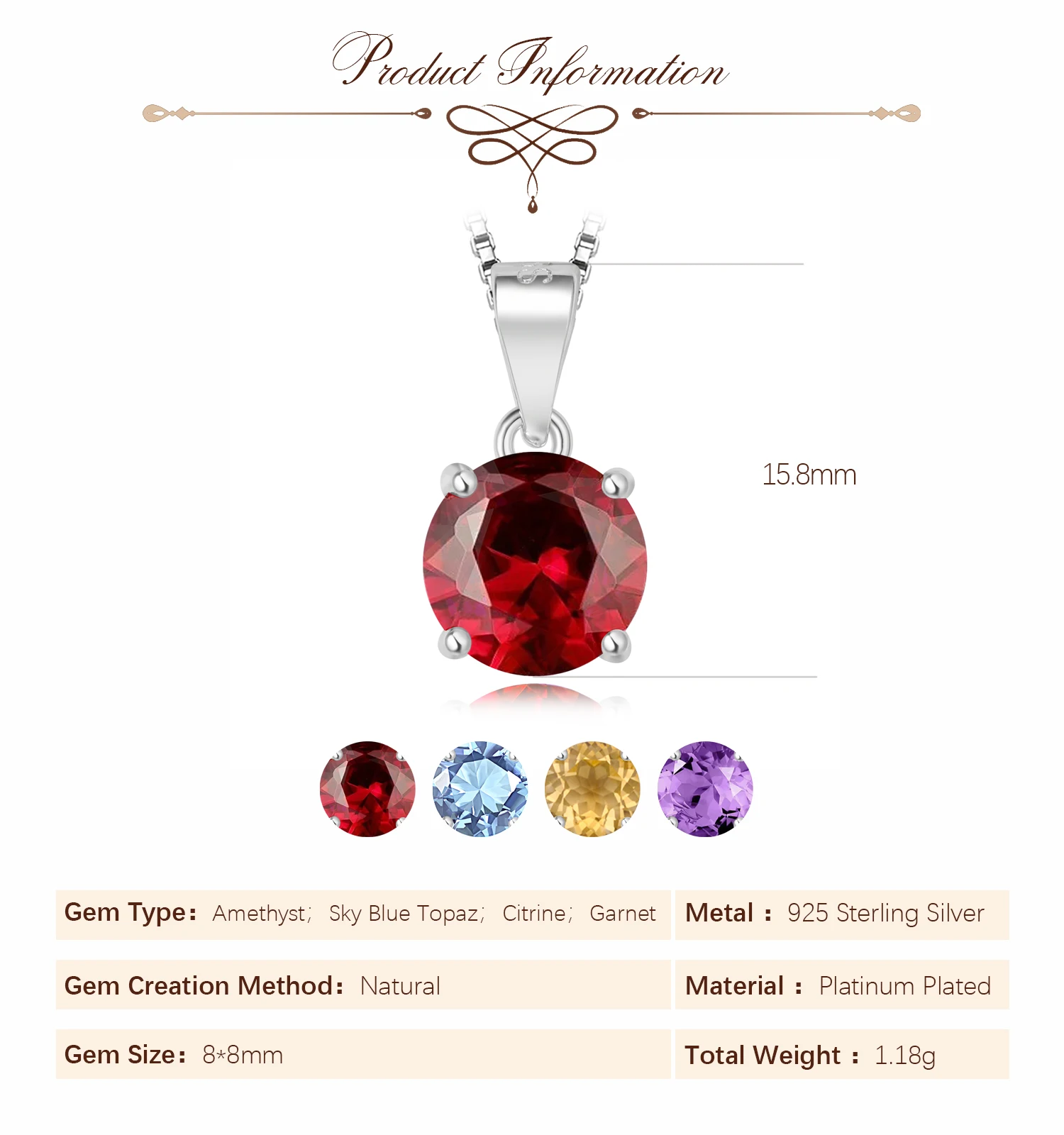 Potiy Round Natural 2.32ct Amethyst Citrine Sky Blue Topaz Garnet Pendant Necklace No Chain S925  for Women Daily Birthstones