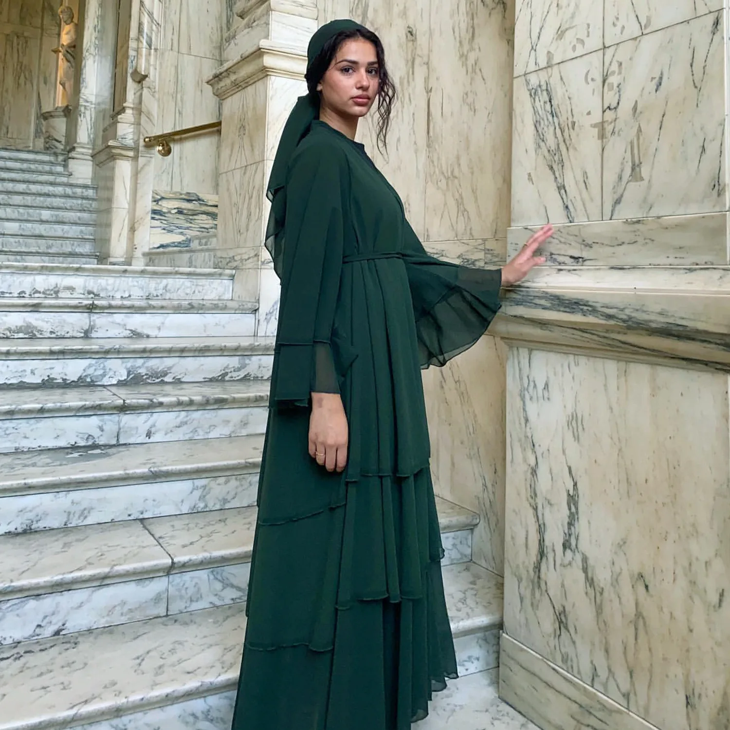 Abaya for Eid 2024 Treble Layered Chiffon Kimono Abaya Muslim Islamic Outfits for Women Evening Party Ramadan Dubai (No Scarf)