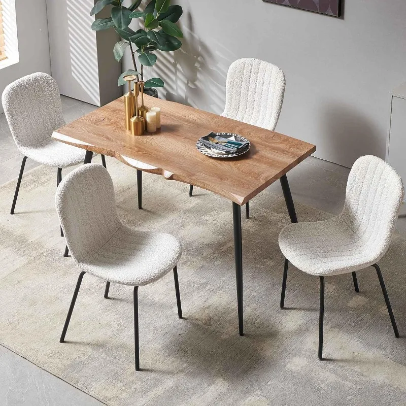 Dining Room Table Set with Upholstered Faux Fur Dining Chairs for 4 Person, 5-Piece Boucle Side Table and Chairs Set