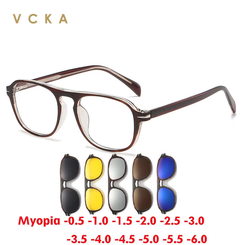 

VCKA 6 In 1 Magnetics Clip Myopia Sunglasses Retro Men Women Polarized Transparent Tea Frame Custom Optical Glasses -0.5 TO -10