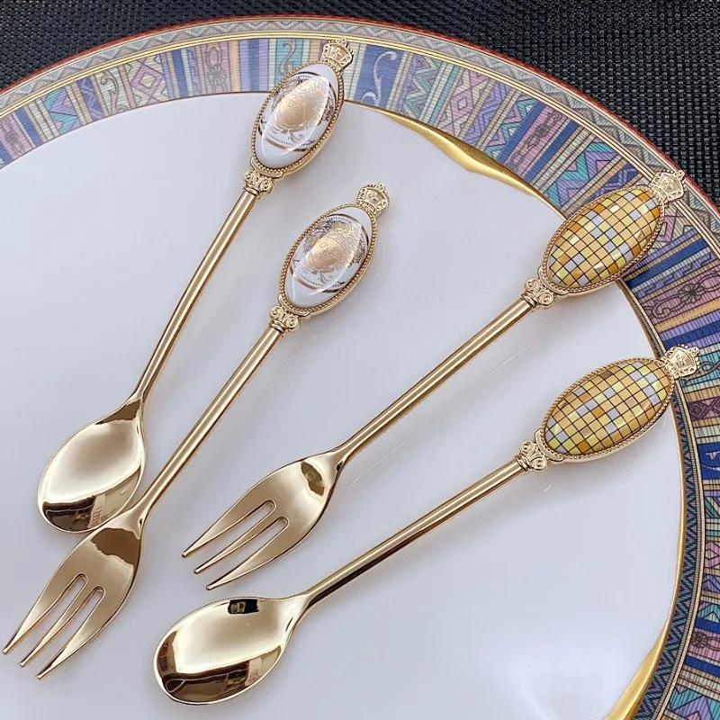 European Light Luxury High-grade Gold Stainless Steel Fruit Spork Spoons,dessert Forks,Advanced Sense of Exquisite Coffee Spoons