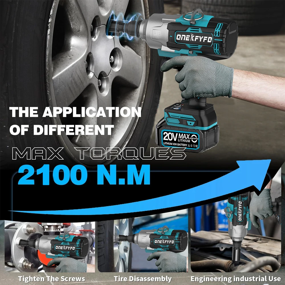 ONEKFYFD 2100N.M High Torque Brushless Electric Impact Wrench Rechargeable 3/4\