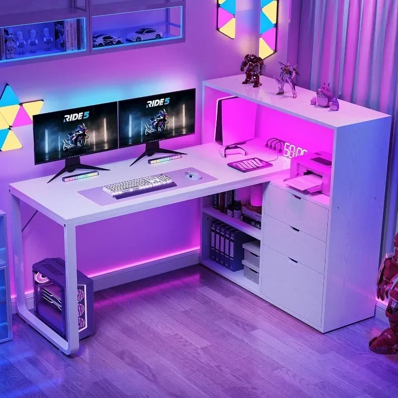 

L Shaped Desk with Drawers, Corner Computer Desk with Bookshelf Power Outlets LED Lights