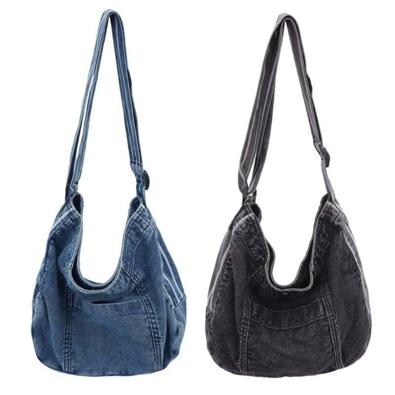 Korean Trendy Denims Shoulder Bag Large Capacity Canvas Handbag Washed Jean Crossbody Bag for Women and Men