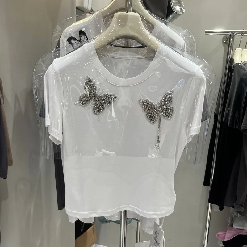 Neploe Fashion Heavy Beading Butterfly T-shirts Y2k O-neck All-match White Tops Women 2024 Summer New Short Sleeve Tee Shirt