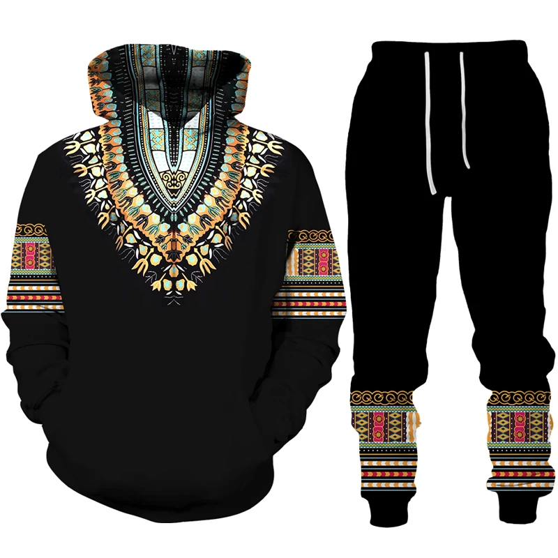 

Новый комплект спортивной одежды в африканском стиле Дашики с 3D принтом, Повседневная Толстовка с капюшоном и брюки, 2 комплекта, мужской/женский пуловер в народном стиле, уличная одежда