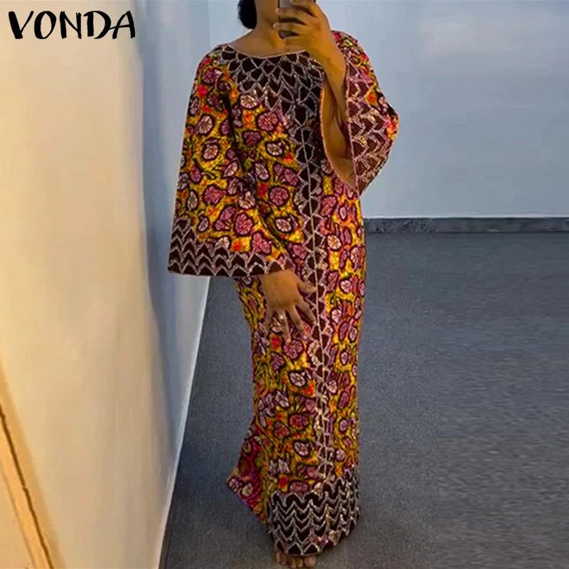 Vestido Boêmio Plus Size VONDA 2026 Verão Elegante para Mulheres Vestido de Impressão Vintage com Manga Longa Maxi Vestidos O-Colete