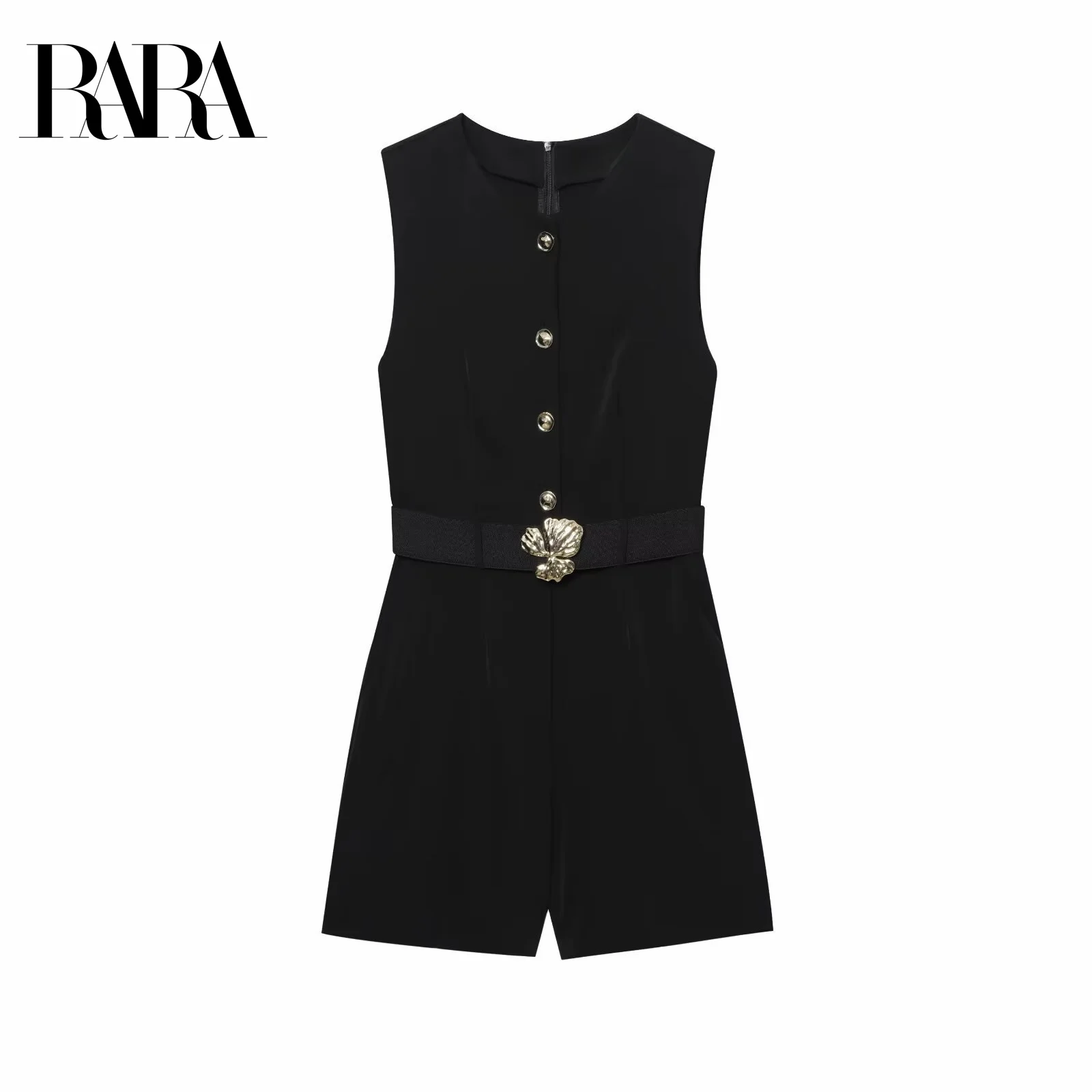 

2025RARA Summer New Women's Clothing Casual Simple Fashion Slim With Belt Crepe Sleeveless Round Neck Jumpsuit Shorts
