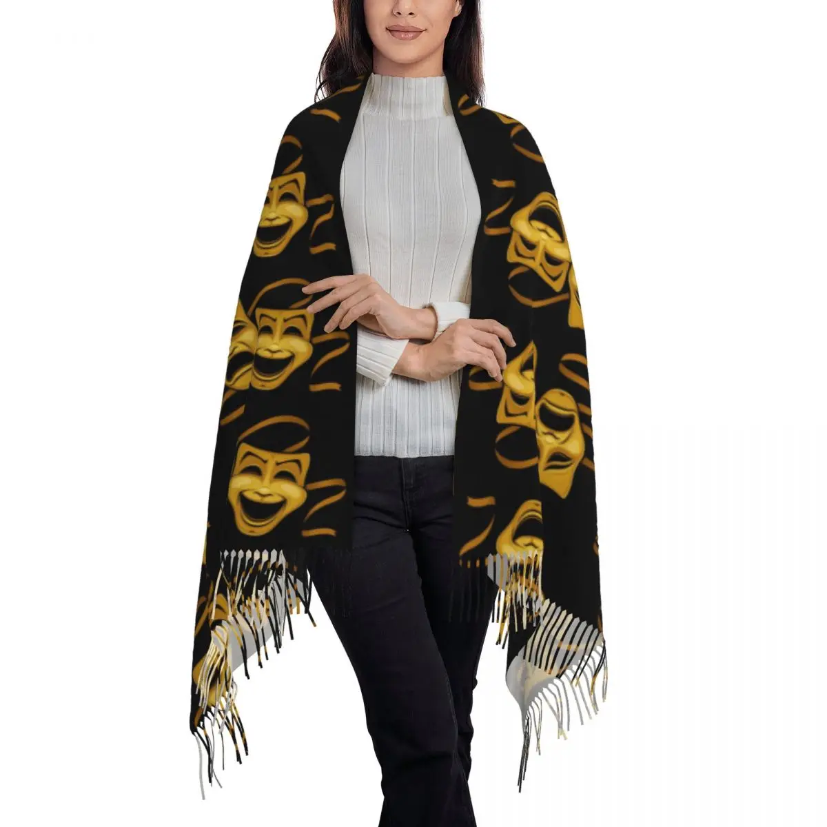 Gold Comedy And Tragedy Theater Masks Scarf Tassel Scarves for Women Soft Warm Shawls and Wraps Long Fall Winter Shawl Wrap