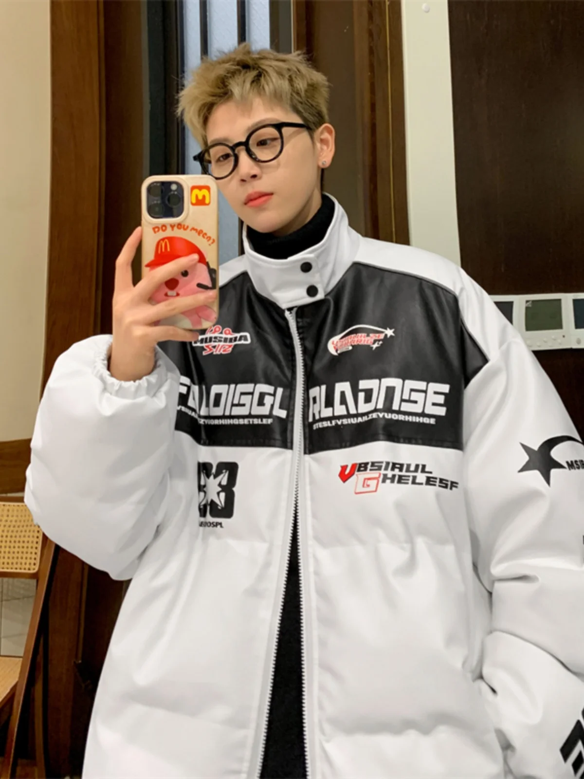 

Warmth Thiened Stand Collar PU Leather Biker Cotton Jaet Men's Trendy Brand Winter Coat American High Street Racing Cotto...