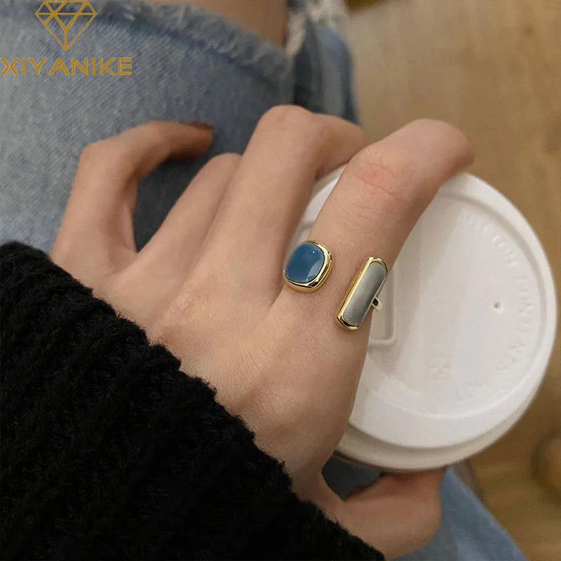 XIYANIKE 2022 New Vintage Blue Stone Open Cuff Finger Rings For Women Girl Fashion Trendy Punk Jewelry Gift Party кольцо женское