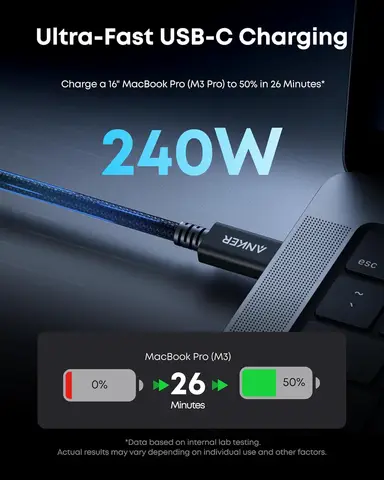 Кабель Anker Prime Thunderbolt 5, 3,3 фута, USB-C - USB-C, зарядка 240 Вт, передача данных 80 Гбит/с, полнодополнительная ширина полосы пропускания до 120 Гбит/с