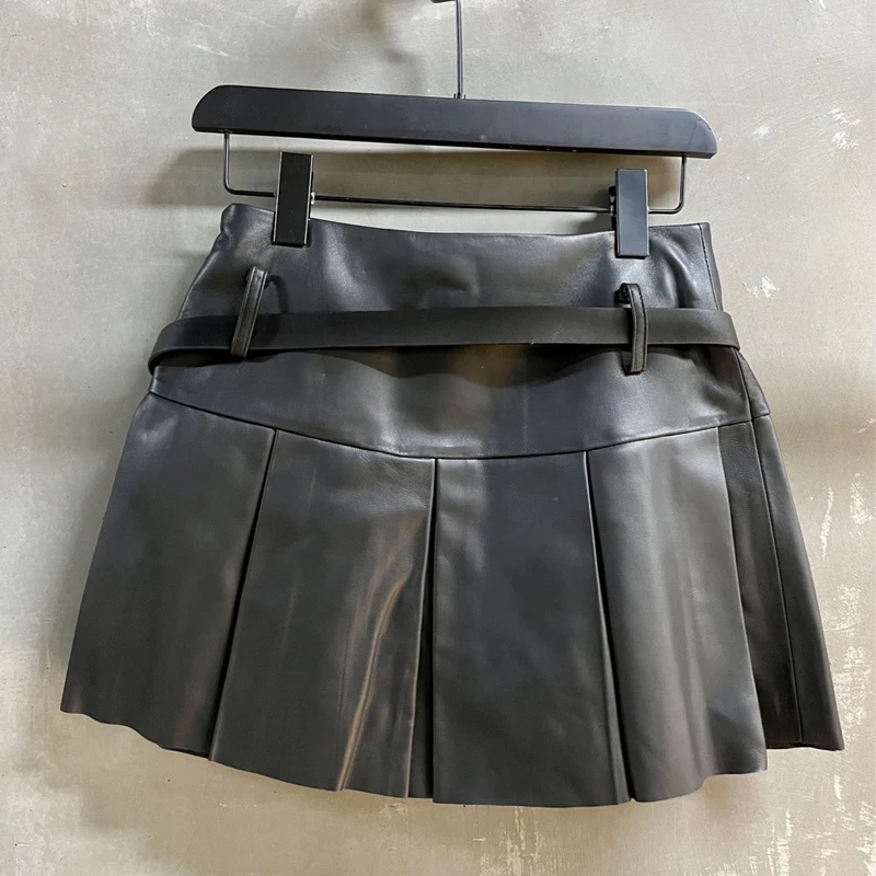 2024 New Black Real Leather Pleated Skirt Fashion High Waist Belt Hot Girl Mini Skirts Imported Lambskin Women Sexy Short Skirts