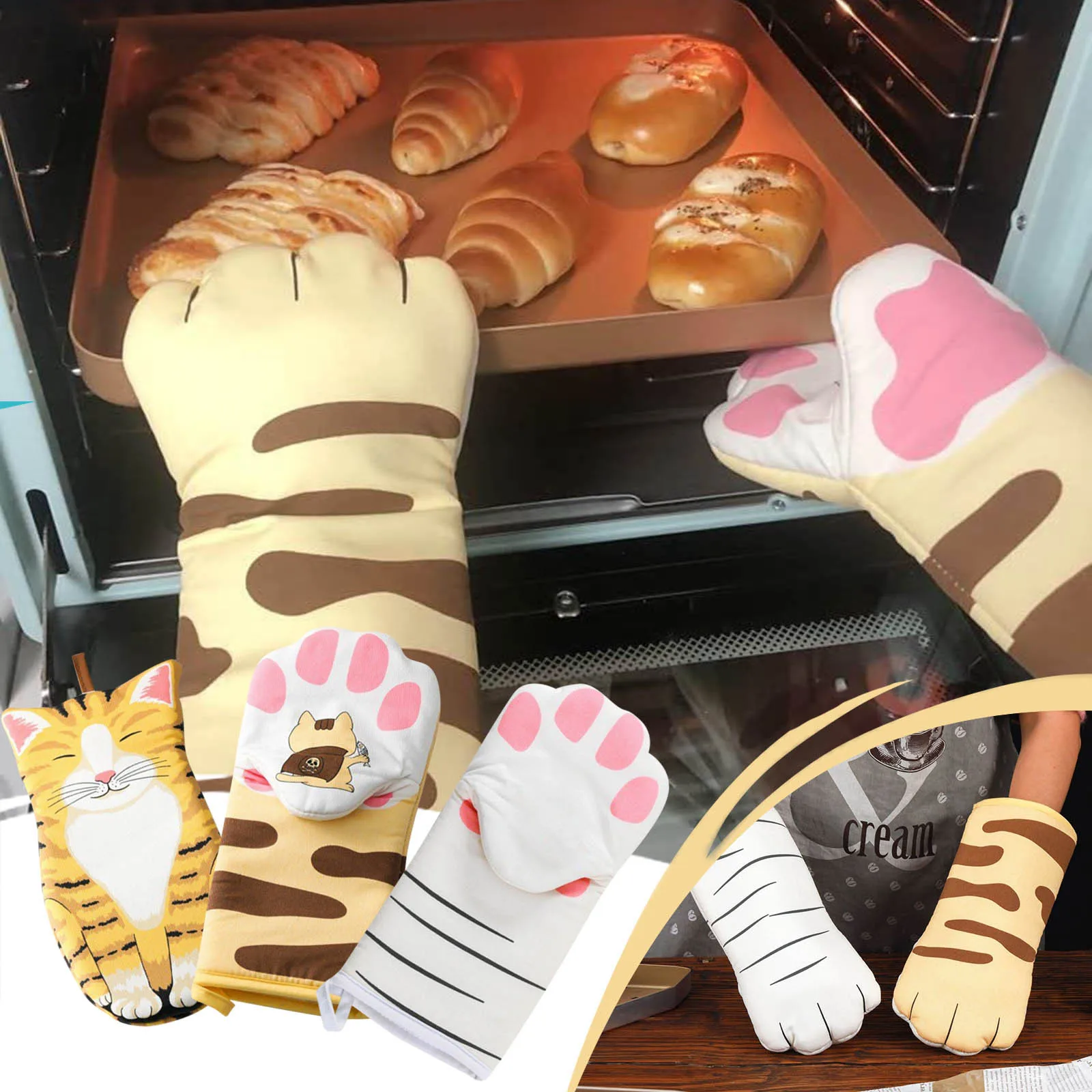 Microwave Long Cotton Gloves Cute Cat Paws Oven Insulation Gloves Heat Resistant Non-Slip Single Glove Kitchen Baking Supplies