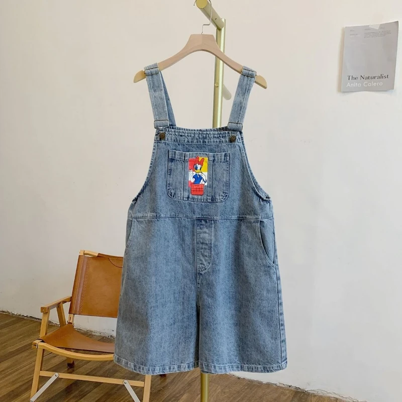 

Summer Thin Denim Overalls Shorts, Loose Cartoon Age-Reducing, Plus Size Stylish Versatile Tummy Hiding Wide Leg Suspender Pants