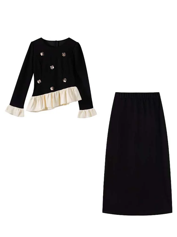 Ensemble 2 pièces élégant à paillettes florales pour femmes, nouvelle collection 2026, hauts patchwork à volants irréguliers et jupe Midi INKEO 5D256