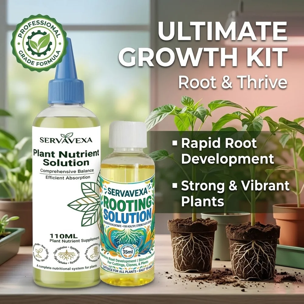 SERVAVEXA Ultimate Plant Success Kit 110ml+35ml Rooting Solution & Liquid Fertilizer for Indoor Garden Growth & Stress Recovery