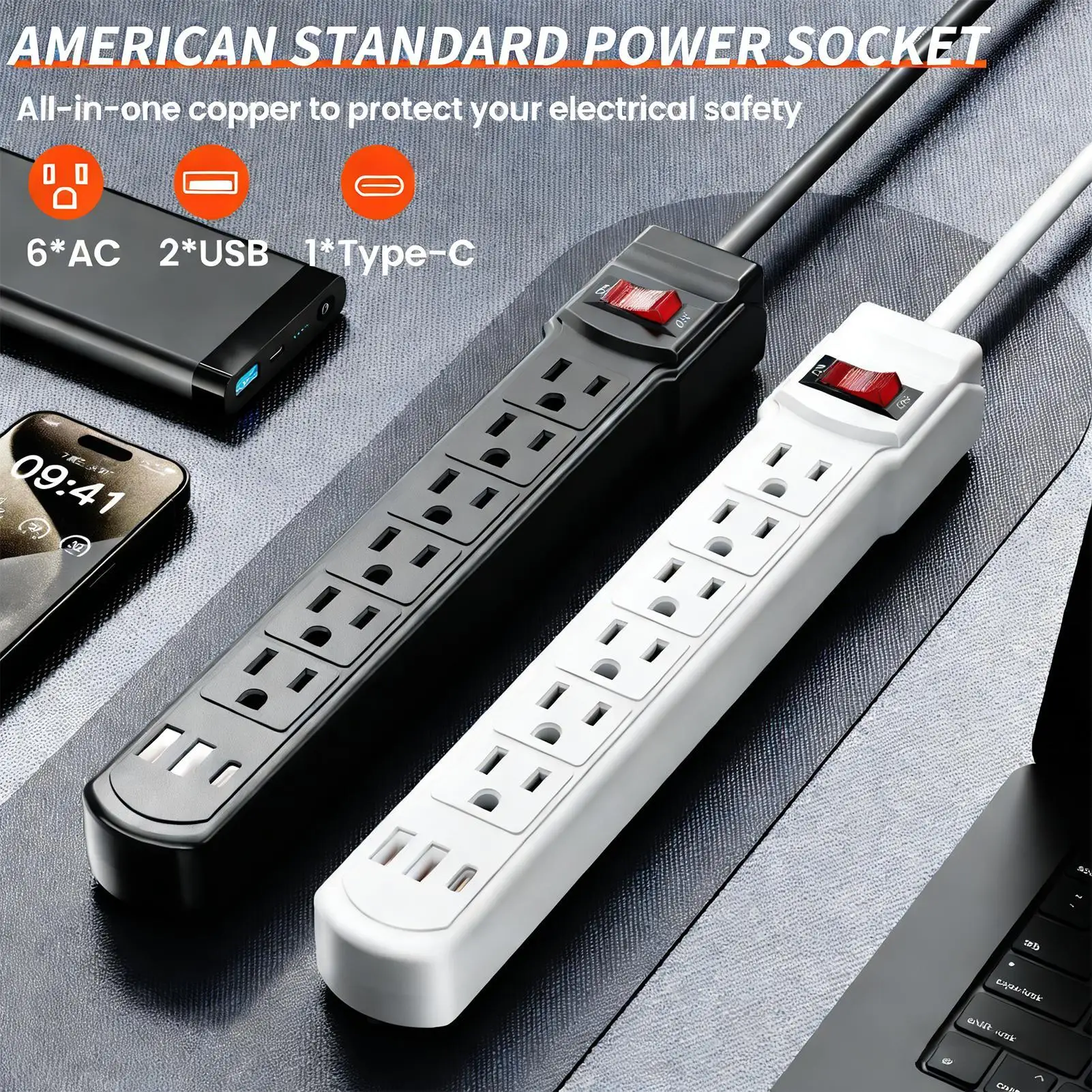 

Power Strip 6-Outlet Desk Charging Station 4.9ft Extension Cord Power Outlet Strip With 2 USB And 1 Type C Port For Desk Home