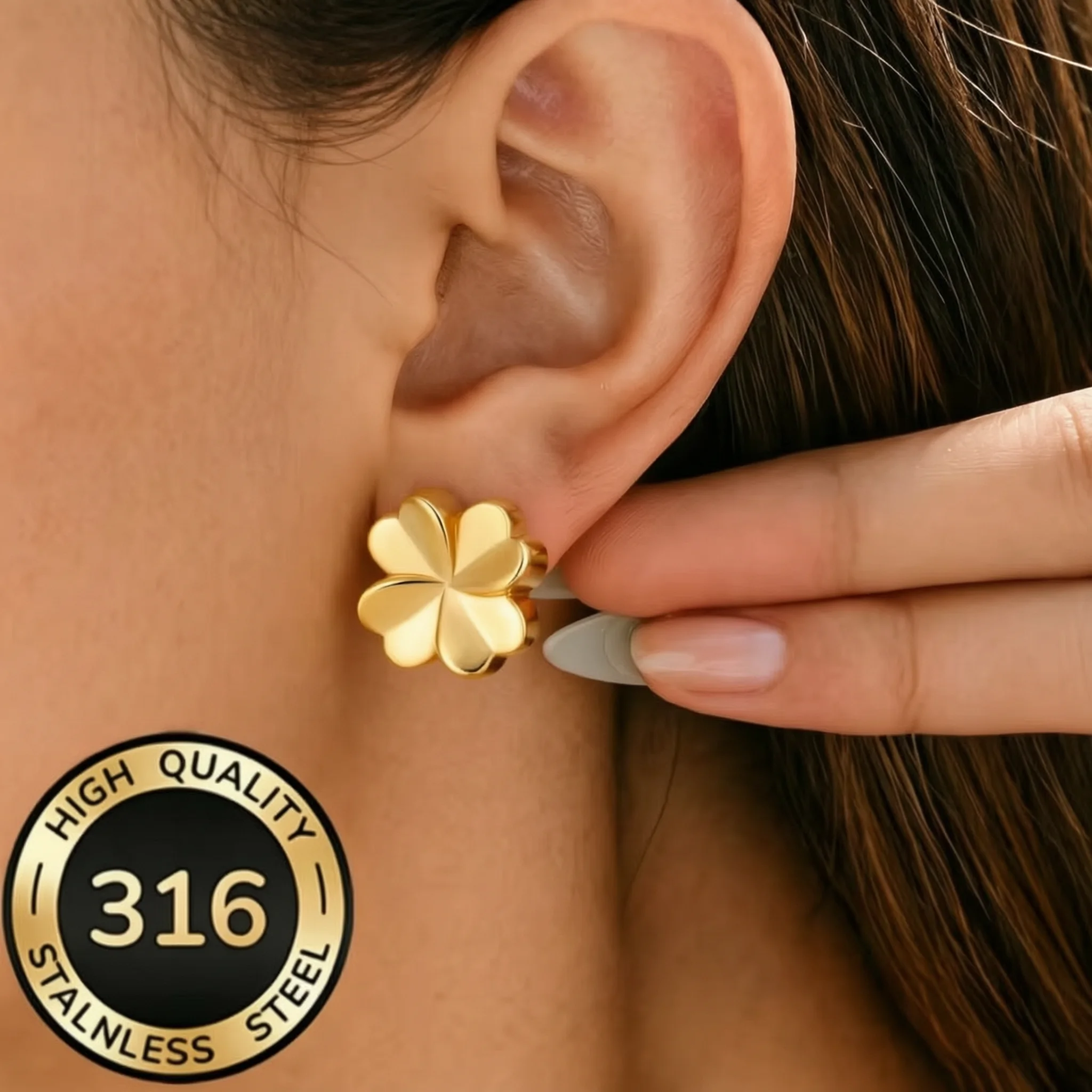 Heart Four‑Leaf Clover Stud Earrings Stainless Steel Simple Lucky Flower Earrings Spring & Summer Commuting Accessory for Daily