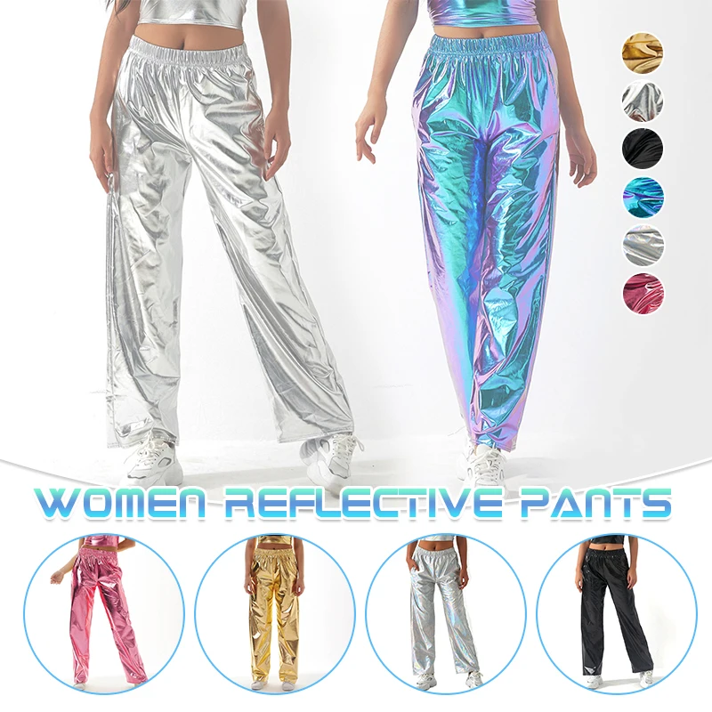 Gold Pink Shiny Metallic Straight Leg Pants Women Casual Elastic Waist Pants Fashion Show Disco Party Holographic Laser Trousers